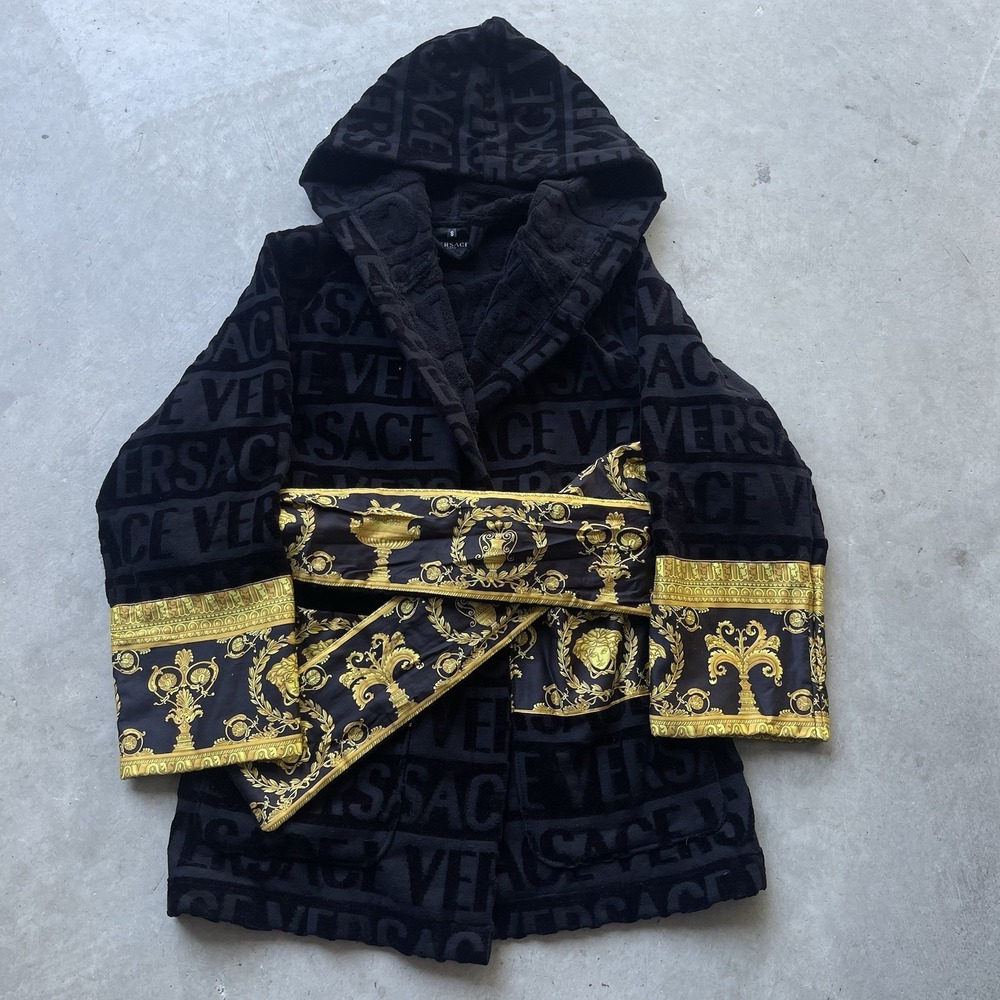 Versace Home Black/Gold Terry Logo Medusa Bath Robe Belted Tie, Men's S